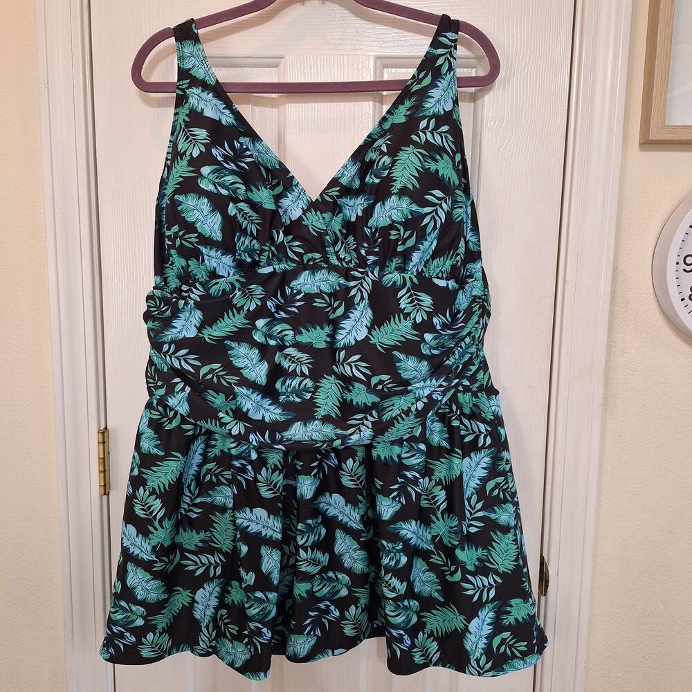 Perona 26w one piece black green swimsuit swim dress tropical print plus size